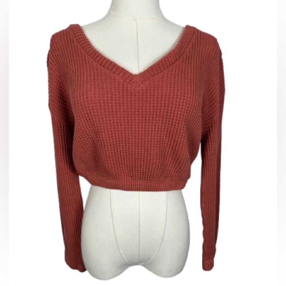 Altar'd State Rust V-Neck Cropped Waffle Knit Sweater
